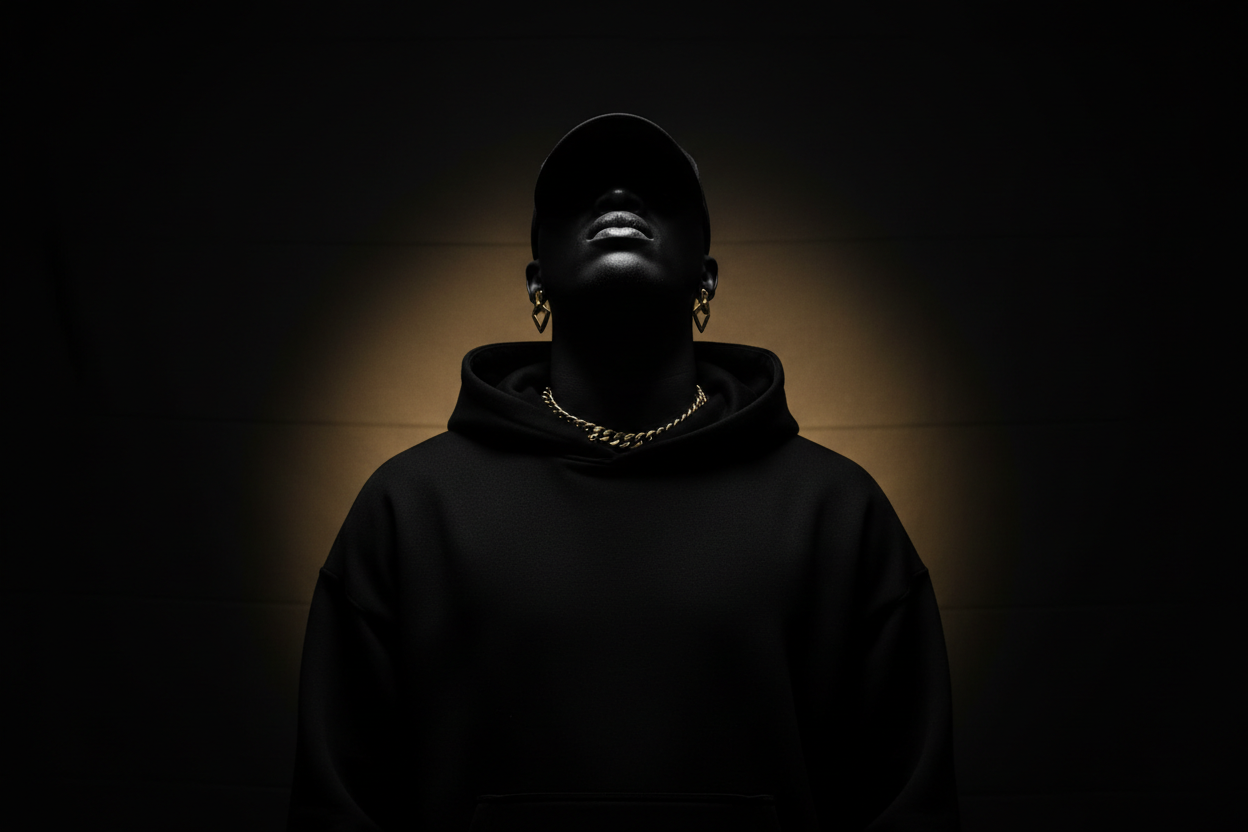 A minimal, high-contrast streetwear photo of an african american person wearing a black hoodie, head slightly lifted in a confident pose, face is not visible or obscured by shadow. Moody lighting, dark background, subtle gold accents, modern and premium streetwear aesthetic. Represents confidence, self-respect, and personal pride.