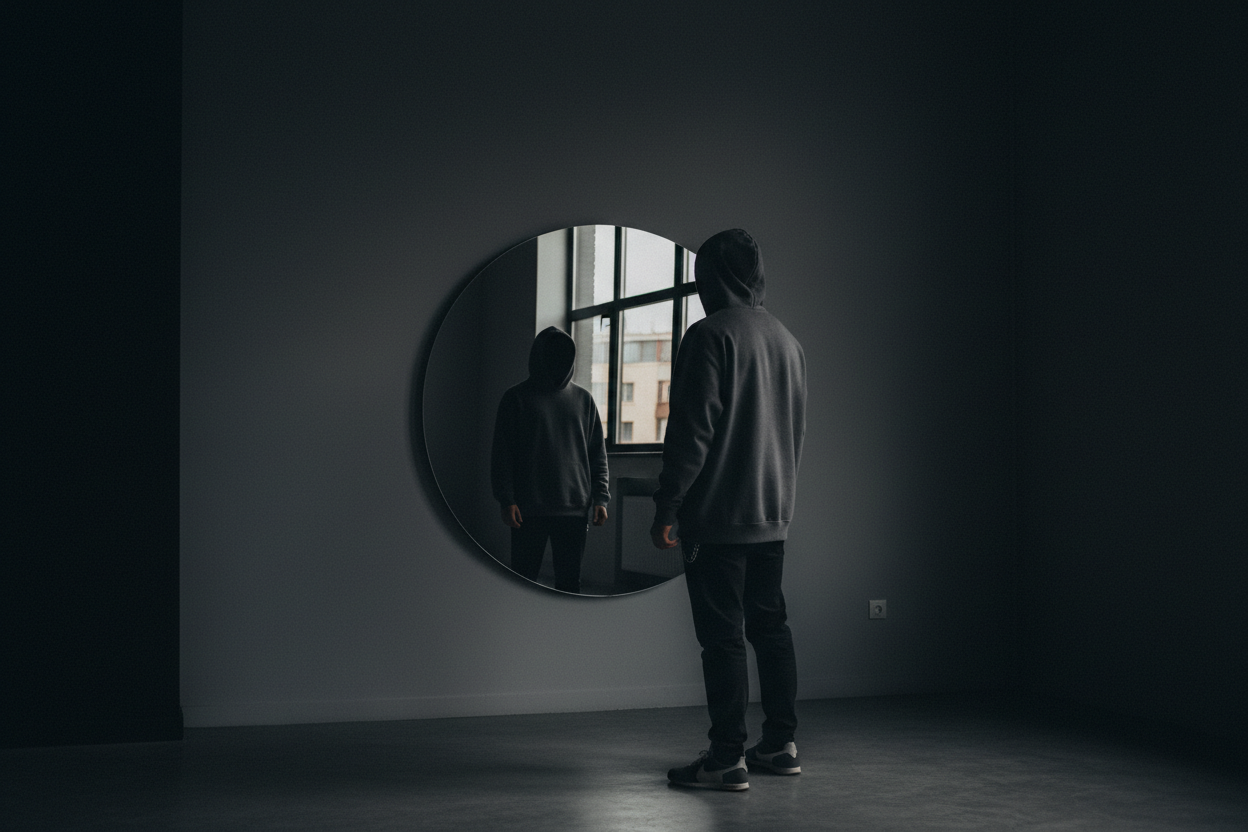 A minimal, moody photo of a person wearing a hoodie looking into a mirror. Face hidden. Soft shadows, dark neutral background, reflective but emotional tone. Streetwear aesthetic. Represents self-recognition, personal growth, and everyday confidence.